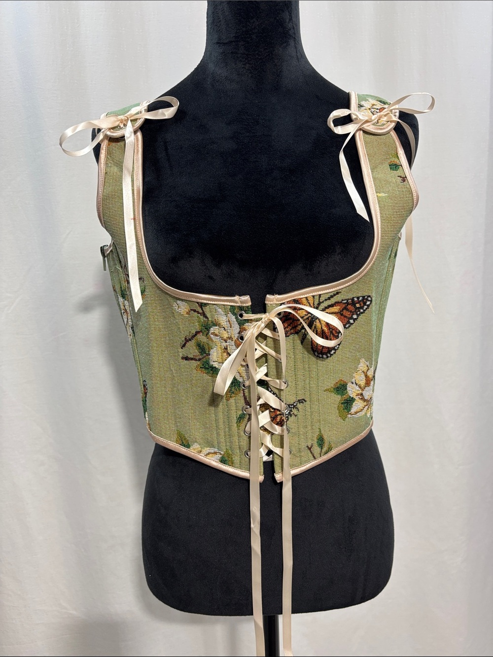 Green Floral Lace-Up Corset Boned Crop Top w/Ribbon Straps fairy renaissance
